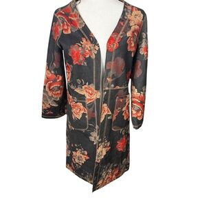 T Tahari Women's Faux Suede Kimono Open Front Jacket Size Small Floral Brown